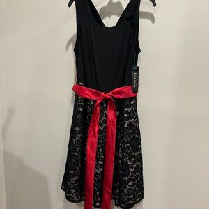 Karin Stevens Black & Black Lace Cocktail dress with red ribbon belt sz 14W